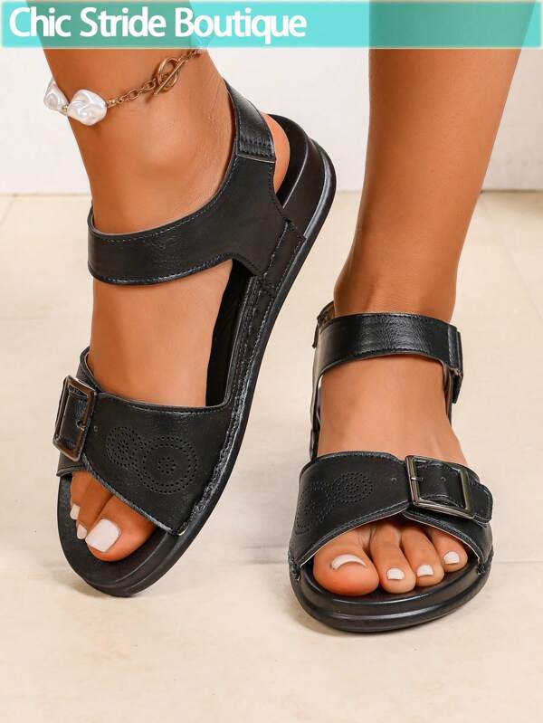 Sandálias plataforma femininas casuais de cor sólida, estilo cunha, com fivela estampada perfurada e design Mary Jane, respiráveis, confortáveis, leves e flexíveis, adequadas para primavera/verão, praia/viagens