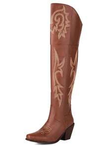 Fashion Cowgirl Outfits For Women Boots Knee High Pointed Toe Chunky Heel Combat Boots Retro Luxury Embroidery Country Concert Jaripeo Festival Shoes - 棕色 - 查看 8