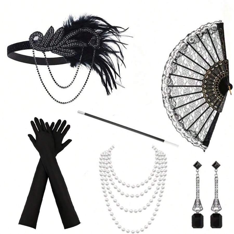 8 件女士优雅性感的 1920 年代复古风格服装配饰，高端金属镶嵌钻石头饰，适合化妆和舞会，带羽毛头带、手套、复古蕾丝扇子和手饰的发饰，万圣节 - 彩色 - 查看 1
