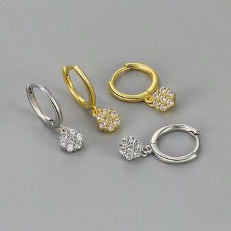 1 Pair 925 Sterling Silver Geometric Diamond Hoop Earrings, Elegant Minimalist Style, High-End Jewelry Gift Box Packaging