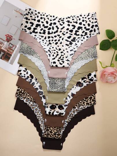 8pcs/Pack - Solid Color & Leopard Print Wavy Trim Design Sexy Seamless Smooth Breathable Women's Panties