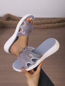 Women's New Wedge Thick Platform Color Block Patchwork Hollow Out Rhinestone Decor Bohemian Fabric Comfortable Outdoor Office Vacation Sandals, Spring/Summer - Dusty Blue - View 2