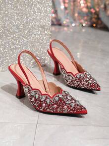 Sparkling Rhinestone Gem Horseshoe Closed Toe High Heels, Pointed Toe Backless Bridesmaid Pearl Strap Wedding Shoes For Women - Red - View 5