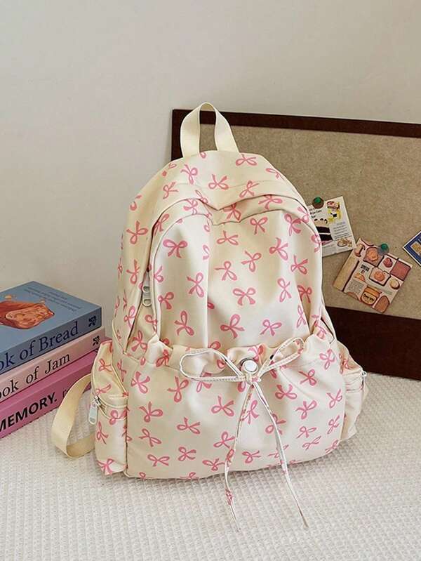 Girls' Nylon Casual College Style Fresh Full-Print Bow Drawstring Large-Capacity Foldable Backpack With Cartoon Decorative Zipper, Suitable For Teenagers, College Students And Women For Daily Commuting, Shopping, Travel, Etc.