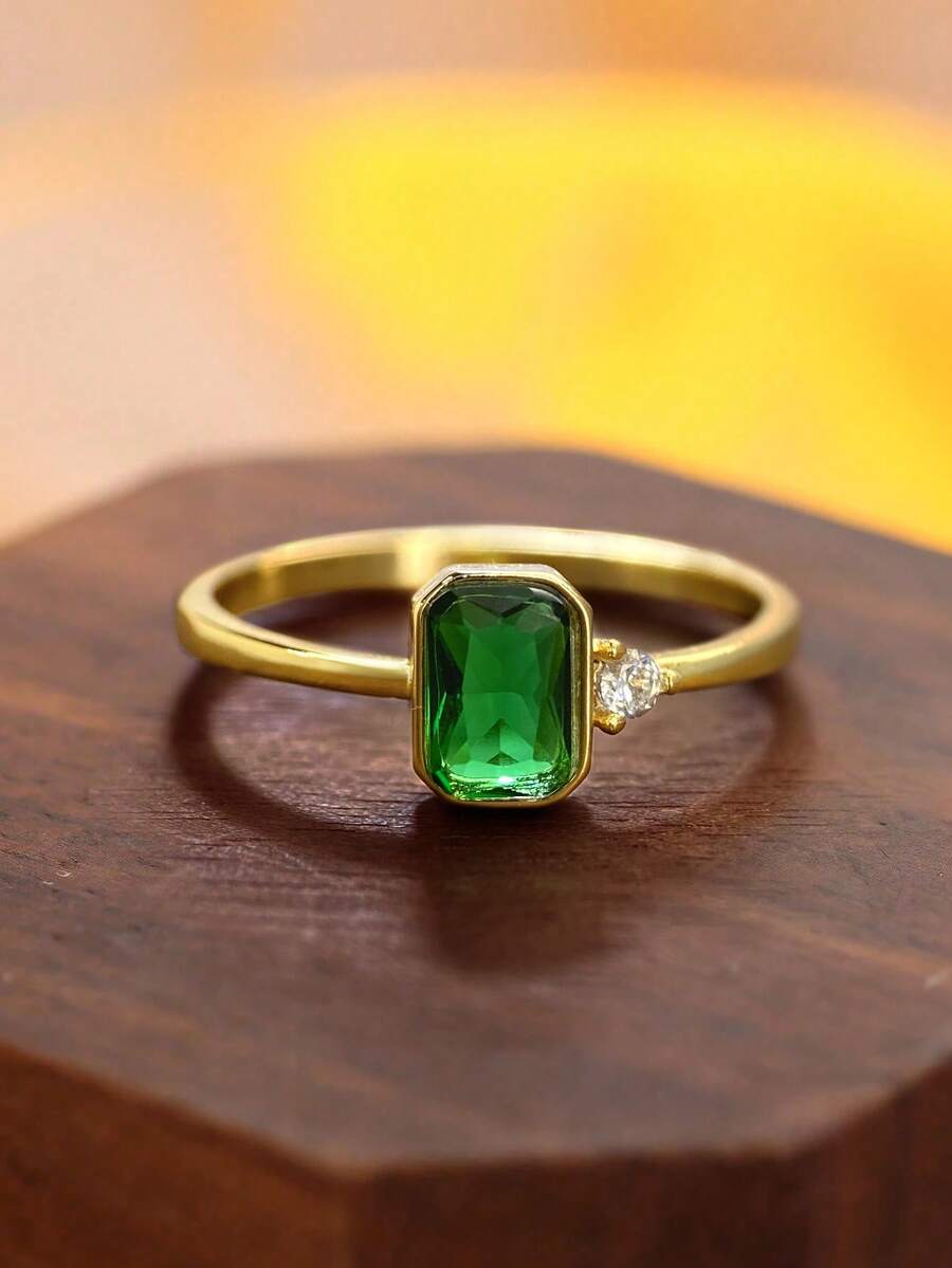 ESBERRY 1pc S925 Sterling Silver Elegant Luxury Color Square Cubic Zirconia Women's Ring, Suitable For Wedding, Party,Anniversary, Gift - Square Green Diamond Ring - View 1