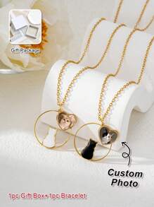 Customized Double-Sided Photo Necklace, Stainless Steel Women Cat Silhouette Pendant Necklace, Customized Pet Photo, Family Photo, Pet Memorial Gift, Gift For Friends, Birthday Gift, Thanksgiving Gift, Easter Gift