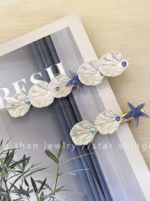 2 piezas de pasadores para el cabello con clip lateral para mujeres, accesorios para el cabello de verano con adornos de estrella de mar, concha y perla
