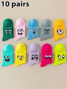 10 双男女款趣味表情印花糖果色休闲时尚百搭透气中筒袜，情侣中筒袜 - 彩色 - 查看 12