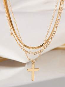 3pcs/Set Fashionable New Gold Stainless Steel Gold Wire Flat Blade Chain With Copper Beads Layered Cross Pendant Necklace - 3-piece Stacking Necklace - View 2