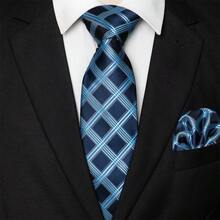 男士蓝色格子条纹领带、口袋巾、银色领带夹、袖扣和翻领别针组合套装，适用于职场、商务、谈判、婚礼、毕业等场合 - 藍色 - 查看 13