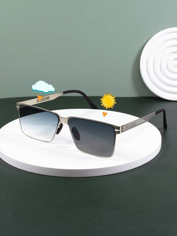 1pc Lightweight & Comfortable Photochromic Glasses, Outdoor Travel Metal Square Party Decorative Glasses For Men