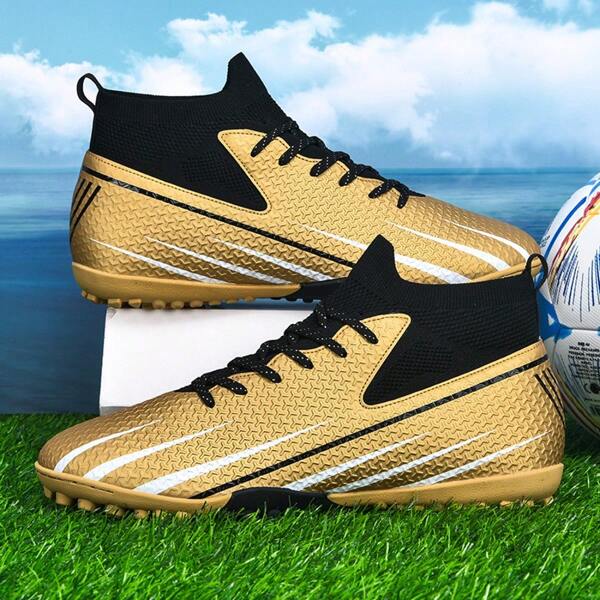 1 Pair Adult/Student High-Top Football/Soccer Shoes, Outdoor Competitive Sports Sneakers, Non-Slip, Cleats For Turf, Dirt, Natural Grass, Indoor Court, Suitable For Men, Lace-Up, Small Size Available, Leather, High-Performance Anti-Slip Design, Professional Football Boots