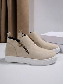 2025秋冬女式踝靴和短靴，卡其色平底靴，新款女式拉链短靴 - 米色 - 查看 6