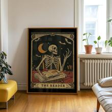 1 pieza Impresión de arte de pared de lector de tarot gótico, Halloween esqueleto amante de los libros, póster de bruja de biblioteca con símbolos sagrados, decoración sin marco de academia oscura para dormitorio espeluznante/rincón de lectura, regalo místico y decoración de fiesta (Impresiones de pared ocultas de vuelta al colegio)