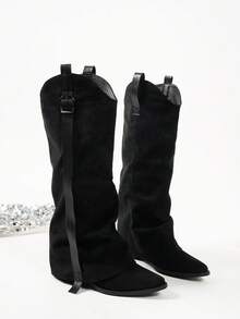 Fall/Winter 2025 Western Style Pointed Toe Stacked Heel Tall Shaft Boots For Women, Retro Leg Boots,Cowboy Boots - Black - View 6