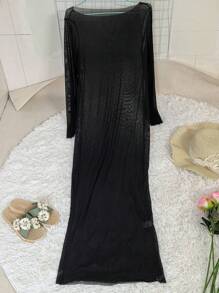 Women's Sexy Slim-Fit Net Sheer Off Shoulder Long Sleeve Long Dress, Plus Size, Summer