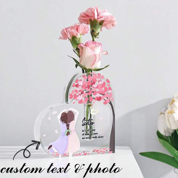 Personalisierte Acryl-Herzform Vase mit warmen Worten und liebevollen Elementen als Foto, Geschenkidee zum Geburtstag für Schwester, Mutter, Freundin, dekorative Acrylvase