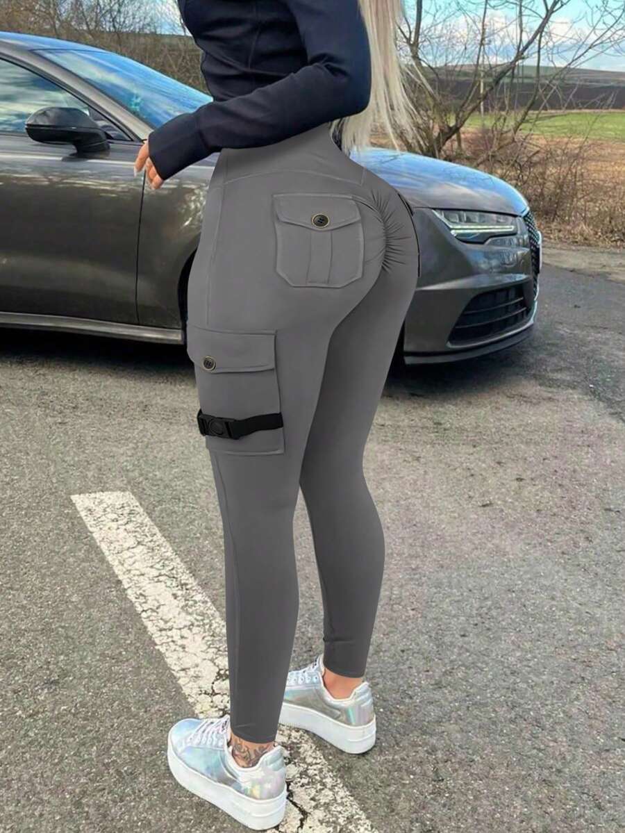 Y2K Yoga Leggings, High Waist Tummy Control, Butt Lifting, Suitable For Fitness & Sports, With Flap Pockets, Women Spring - Khói xám - Xem 1