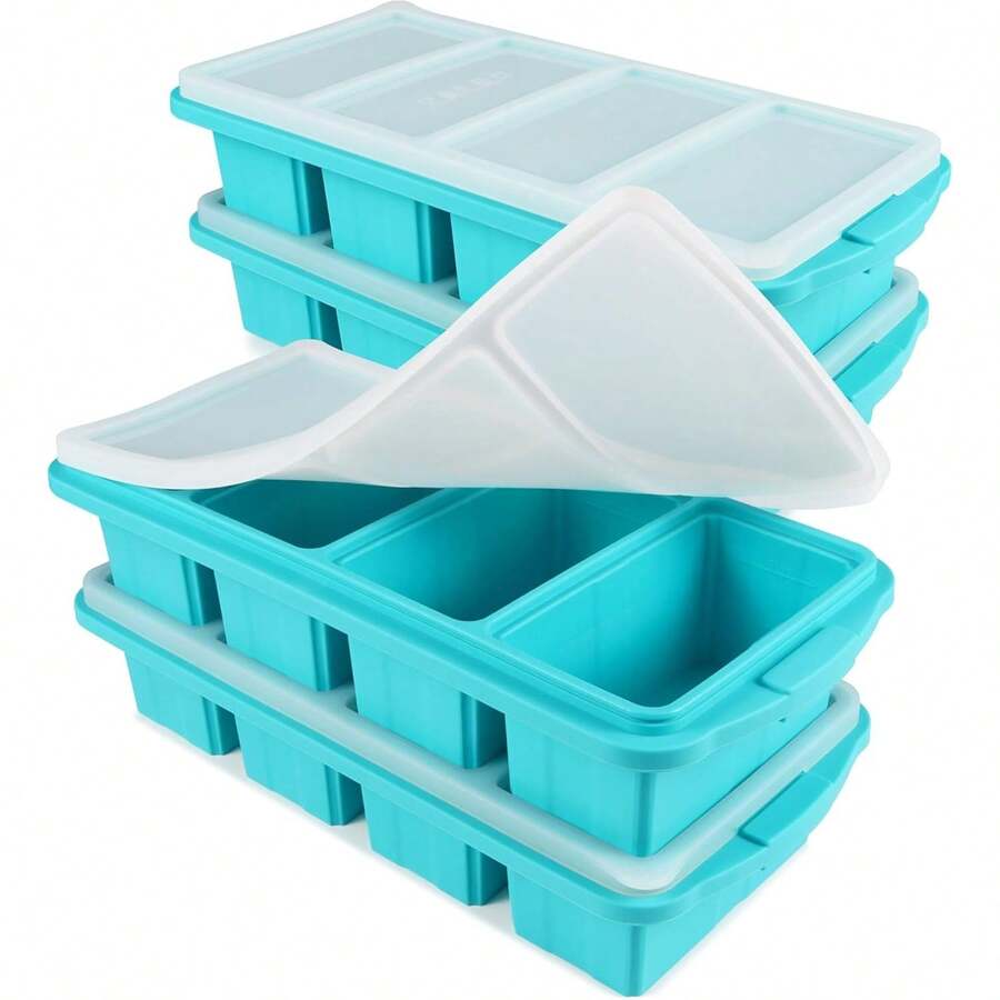 Silicone Freezer Tray With Lid - Silicone Freezer Food Molds- Large Ice Cube Tray,Silicone Freezer Container,Freeze & Store Soup, Sauce, Broth,Leftovers - Makes 4 Perfect 1 Cup - 4Pack-Aqua - Xem 1