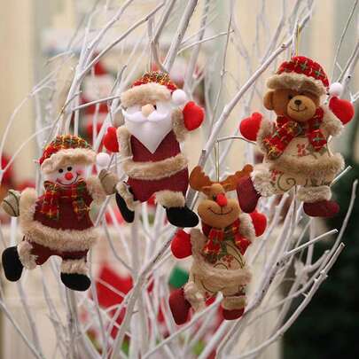 4pcs/Set Holiday Decor Mini Figurines - Dancing Old Man, Snowman, Deer, Bear Plush Ornaments & Small Gifts