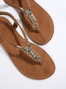 Damskie sandały rzymskie z koralikami w stylu boho, z pętelką na palce, wygodne, plażowe, domowe, wiosna/lato