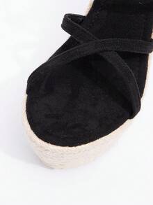 Giày sandal đế xuồng dệt kim dành cho nữ, đế chống thấm nước, mũi hở, quai dây thừng, nơ, kiểu dáng bohemian, giày cao gót hở gót, giày casual mùa xuân, trang phục mùa hè, phụ kiện du lịch thiết yếu - màu đen - Xem 8