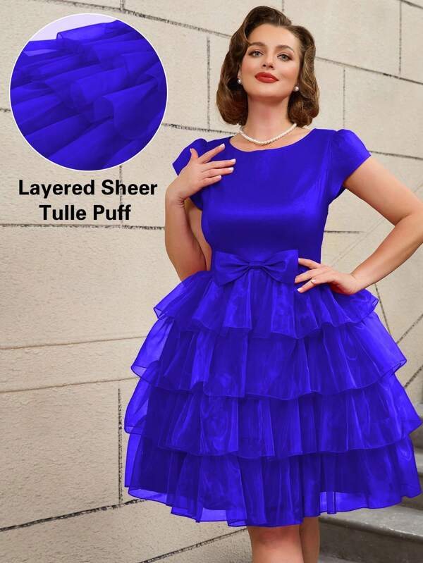 AOMEI Vestidos de fiesta con volantes escalonados, mangas cortas, lazo azul, para bodas, bailes de graduación y fiestas, tallas grandes