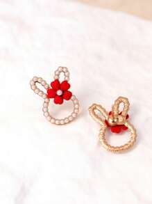 1 Pair Korean Cute Flower Rabbit Ear Studs With Sweet Mini Pearl Design, Fresh & Adorable Earrings For Girls