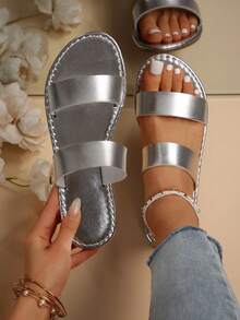 Women's Flat Fashion Casual Gold Beach/Home/Outdoor/Party Leather Sandals/Slippers - Silver - View 2