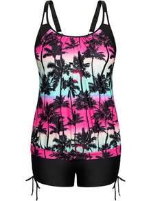 Womens Plus Size Striped Printed Strappy Tankini Top With Shorts Two Pieces Swimsuit - Rainbow Coconut Tree - View 1