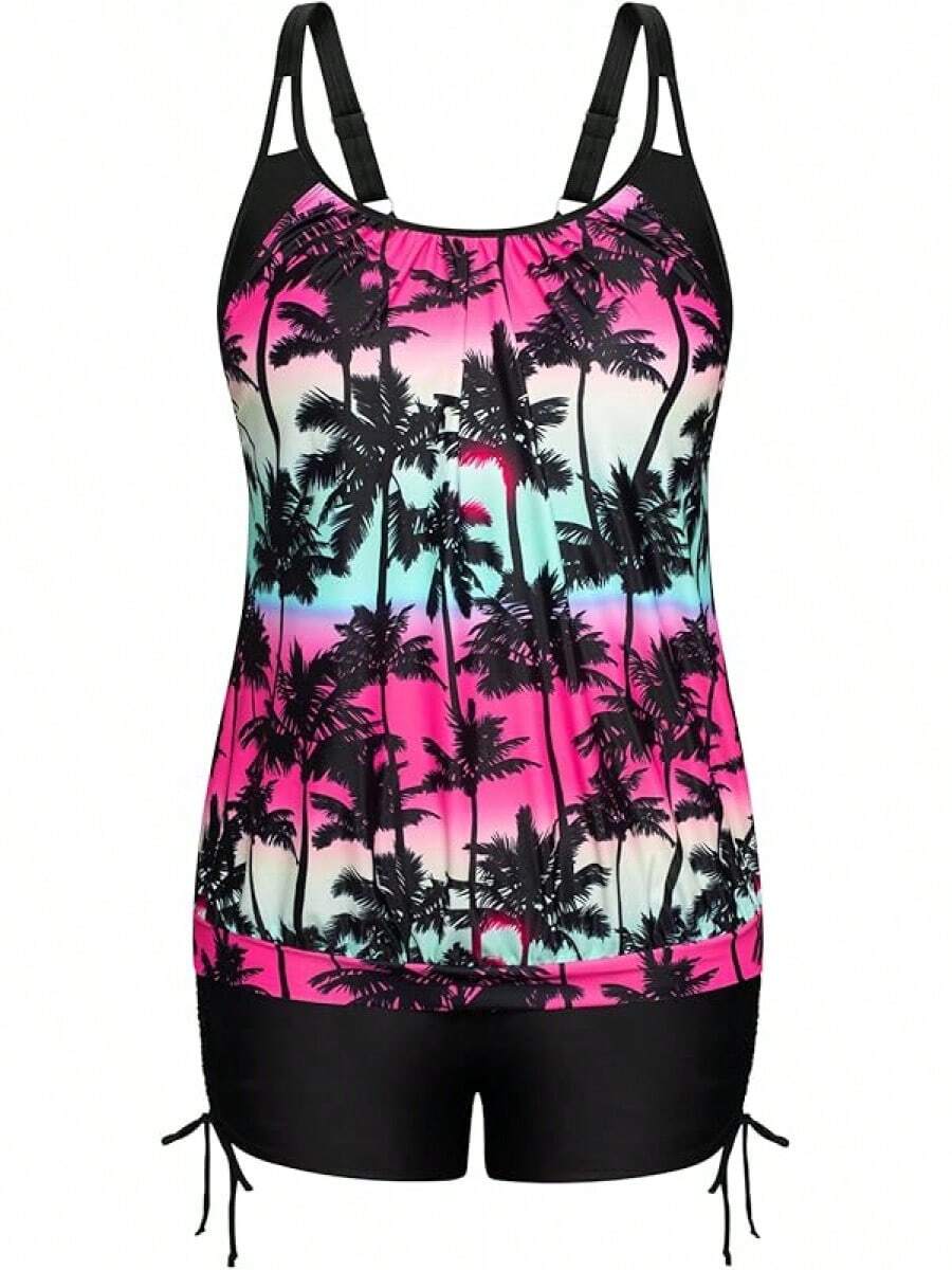 Womens Plus Size Striped Printed Strappy Tankini Top With Shorts Two Pieces Swimsuit - Rainbow Coconut Tree - View 1