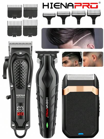 HIENA HIENA 1/2/3pcs Professional Cordless Men's Hair Clipper Set, Rechargeable Electric Hair Trimmers & Electric Shaver Beard Trimmer For Men, Home Hair Cutting Styling Kit, Gift For Dad/Boyfriend