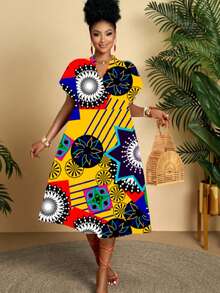 Summer Plus Plus Plus Size Women's Daily Leisure And Comfortable Vacation Geometric Print Small Stand Collar V-Neck Ruffle Sleeves Short Sleeved H-Shaped Loose Medium Long Dress (Random Pattern) - Multicolor - View 2