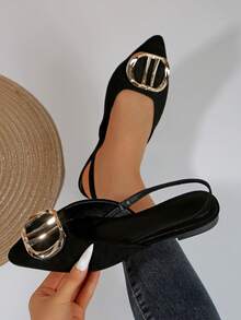 Women's Black Pointy Toe Low Heel Flat Slip-On Shoes, Elegant Sparkling Flat Casual Shoes For Party, Wedding, Office, Indoor & Outdoor, Spring/Summer/Autumn - Black - View 2