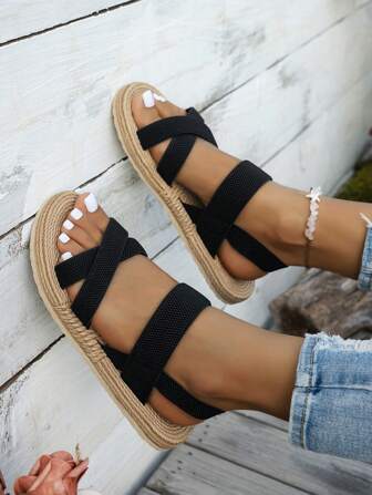 Women's Summer Minimalist Unique Black Criss-Cross Flat Sandals, Comfortable Indoor Slippers Suitable For Vacation, Beach, Hawaii, Student