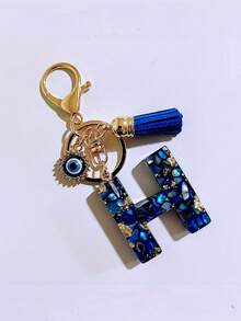 1pc Chic Blue Resin Alphabet Initial Keychain With Evil Eye & Tassel - Stylish Oblong Letter Charm, Rhinestone Embellishments, Lobster Clasp - Perfect Everyday Accessory & Thoughtful Gift For Women, Ladies Key Ring Backpack For School Car Accessories Cute Goth Y2k - Multicolor - View 24