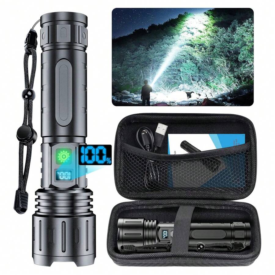 Linternas LED recargables, linterna táctica LED superbrillante con pantalla de potencia, zoomable, con luz COB, potente linterna de mano para acampar y hacer senderismo (paquete de 2). El mejor regalo. - Negro - Ver 1