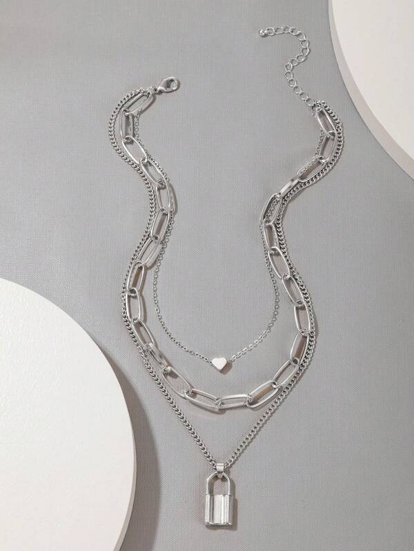 1pc Multi-Layer Heart Lock Necklace, Suitable For Women's Everyday Wear, Fit For Party & Gift