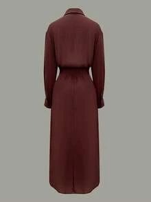 Damen distinktives Hemd Outfit, modisches Design Kragen Einreiher einfarbiges Hemd-Top & eleganter einfarbiger Rock Set, elegantes, lässiges Knopfdekor - Bordeaux - Übersicht 3