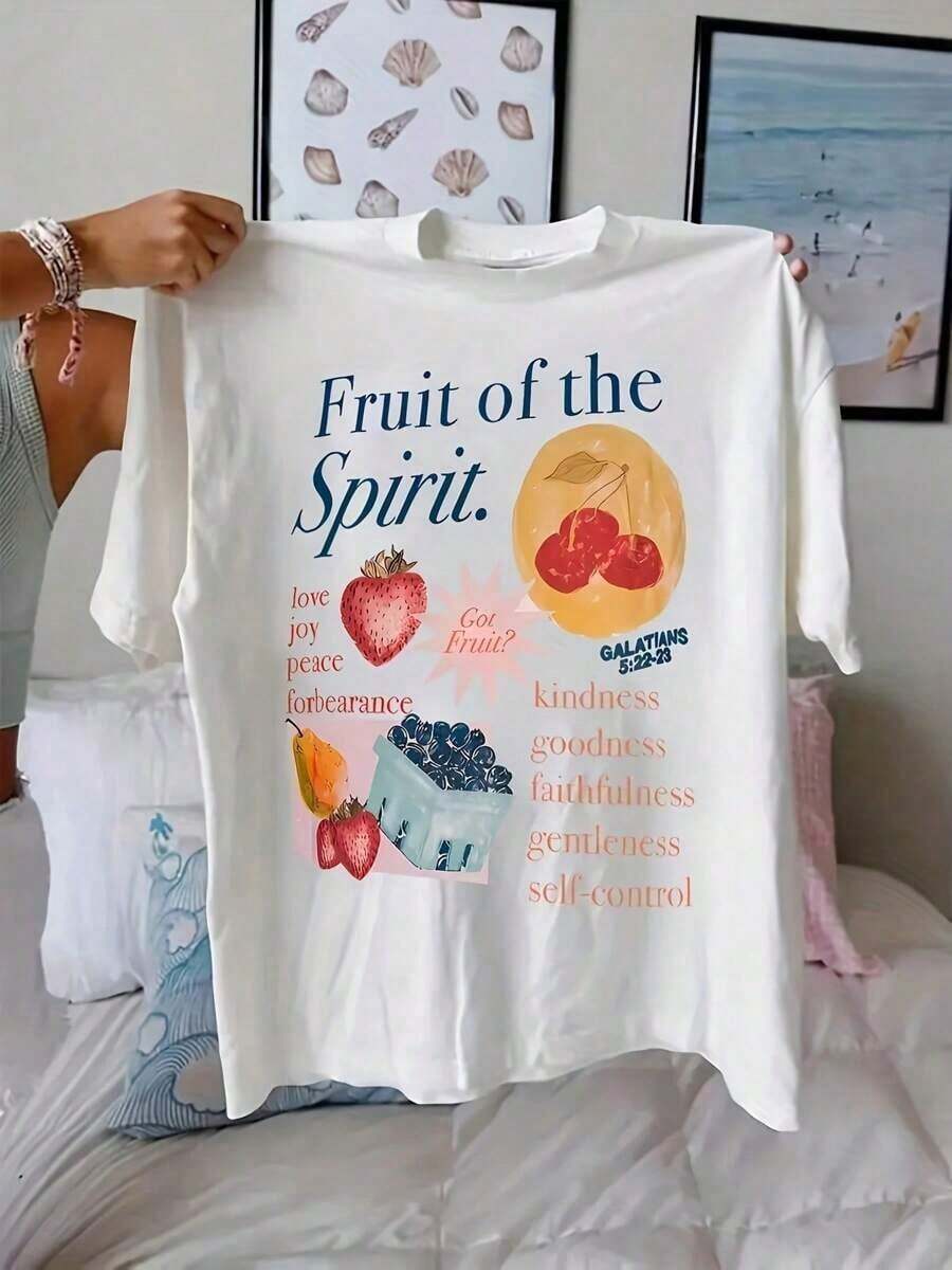 Shirt Women's Fruit Print Round Neck T-Shirt - Soft Casual Short Sleeve Top With Inspirational "Fruit Of The Spirit" Design, Vibrant Strawberry Blueberry Lemon Graphics, Machine Washable Regular Fit For Casual Attire, T-Shirt Stylish, Comfortable TeeLoose And Comfortable2026 Halftime Show Shirt - 白色 - 查看 1