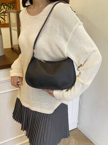 Solid Color Embossed Geometric Zipper Shoulder Bag, Fashion Retro Casual Waterproof Handbag For Women, Suitable For Office, Work, Business, Commute - Black - View 4