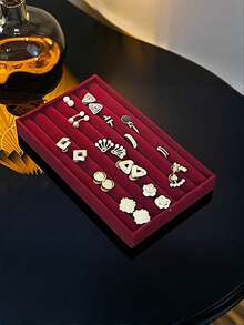 9/1 Pc, Burgundy Velvet Jewelry Tray, Large Capacity Jewelry Storage Box, Independent Compartments, Stackable Jewelry Display Stand, Can Hold Earrings, Necklaces, Bracelets, Rings, Hairpins, Hairbands, Etc. Valentine's Day Velvet Jewelry Tray, Makeup Storage Box, - Wine Red Tray - View 10