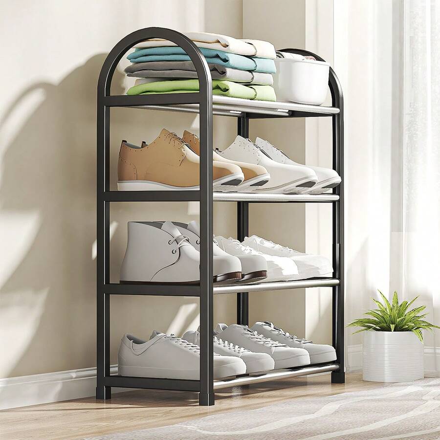 1pc 4-Tier Shoe Rack, Heavy Duty Home/Dorm Use Shoe Organizer, Minimalist Multi-Function Shoe Storage Shelf - Black - View 1