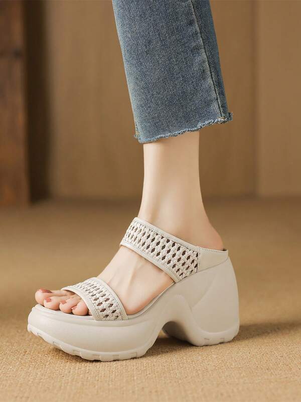 Women's Thick-Soled Wedge Sandals, Preppy College Style Woven Slide Sandals For Street, Beach, Outdoor Wear, Spring/Summer