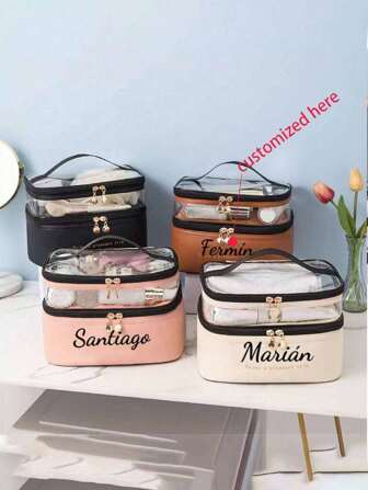 1PC Double-Layer Cosmetic Bag Pure Color PU Transparent Wash Hand Carry INS Fashion Waterproof Travel Portable Large Capacity Storage Bag