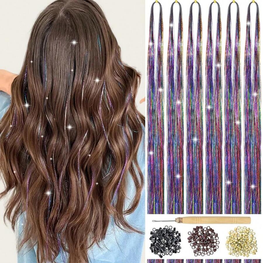 Hair Tinsel Kit With Tools 6Pcs 1200 Strands Pink Tinsel Hair Extensions Heat Resistant Fairy Glitter Hair Extensions Sparkling Shiny Hair Accessories For Girls Women Kids (Pink) - Colorful 6Pcs - View 1