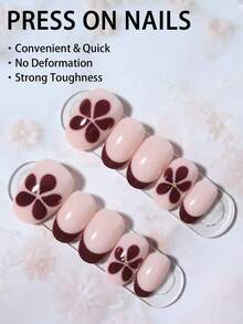 24 Stück kurze ovale braune Blumen Nägel mit kleinen Stahlperlen Dekor Design Französisch Acryl Aufklebe Nägel kurz perfekt passend Fake Nagel Set, enthält: 1 Stück Gelee Kleber und 1 Stück Nagelfeile, einfach zu tragen Sommer Nägel & Französisch Spitze Aufklebe Nägel Kunst für Frauen und Mädchen für den täglichen Gebrauch, Rave Party Verwendung Nagel Zubehör