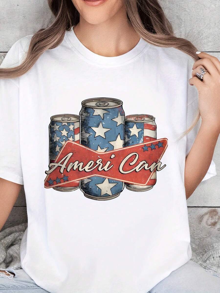 Women's Independence Day Themed Printed Crew Neck T-Shirt - Spring And Summer Patriotic Short Sleeve T-Shirt Casual Top, Suitable For Independence Day Or Casual Wear, Independence Day Clothing | Patriotic Design | Comfortable And Close Fitting, American Flag Clothes - 白色 - 查看 1
