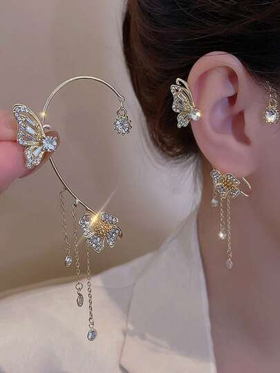 1 件奢华锆石蝴蝶女士耳夹，单流苏耳环，适合无耳洞耳朵，独特设计