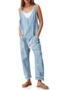 Women's Denim Overall Jumpsuits Sleeveless V Neck Adjustable Straps Jeans Long Pants Rompers